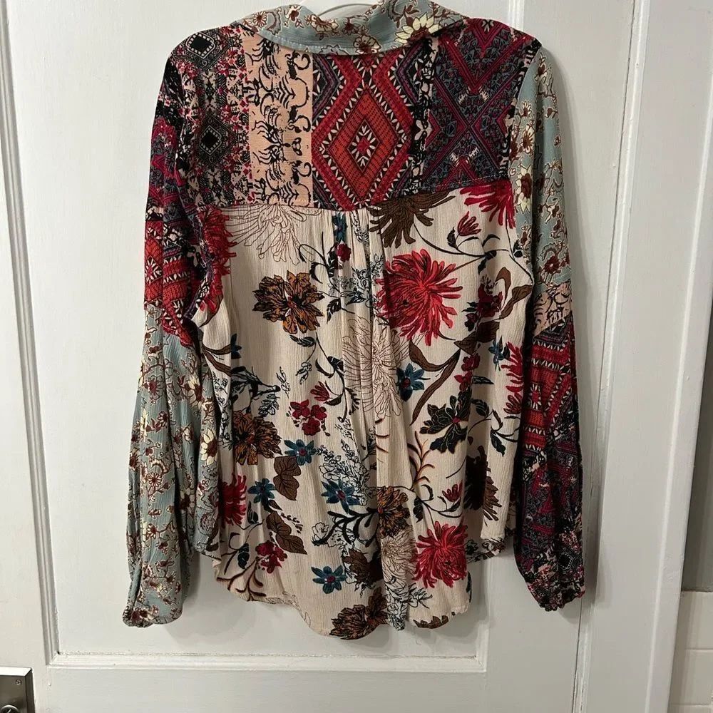 Umgee Multicolor Patchwork Button-Down Blouse - Picture 6 of 6